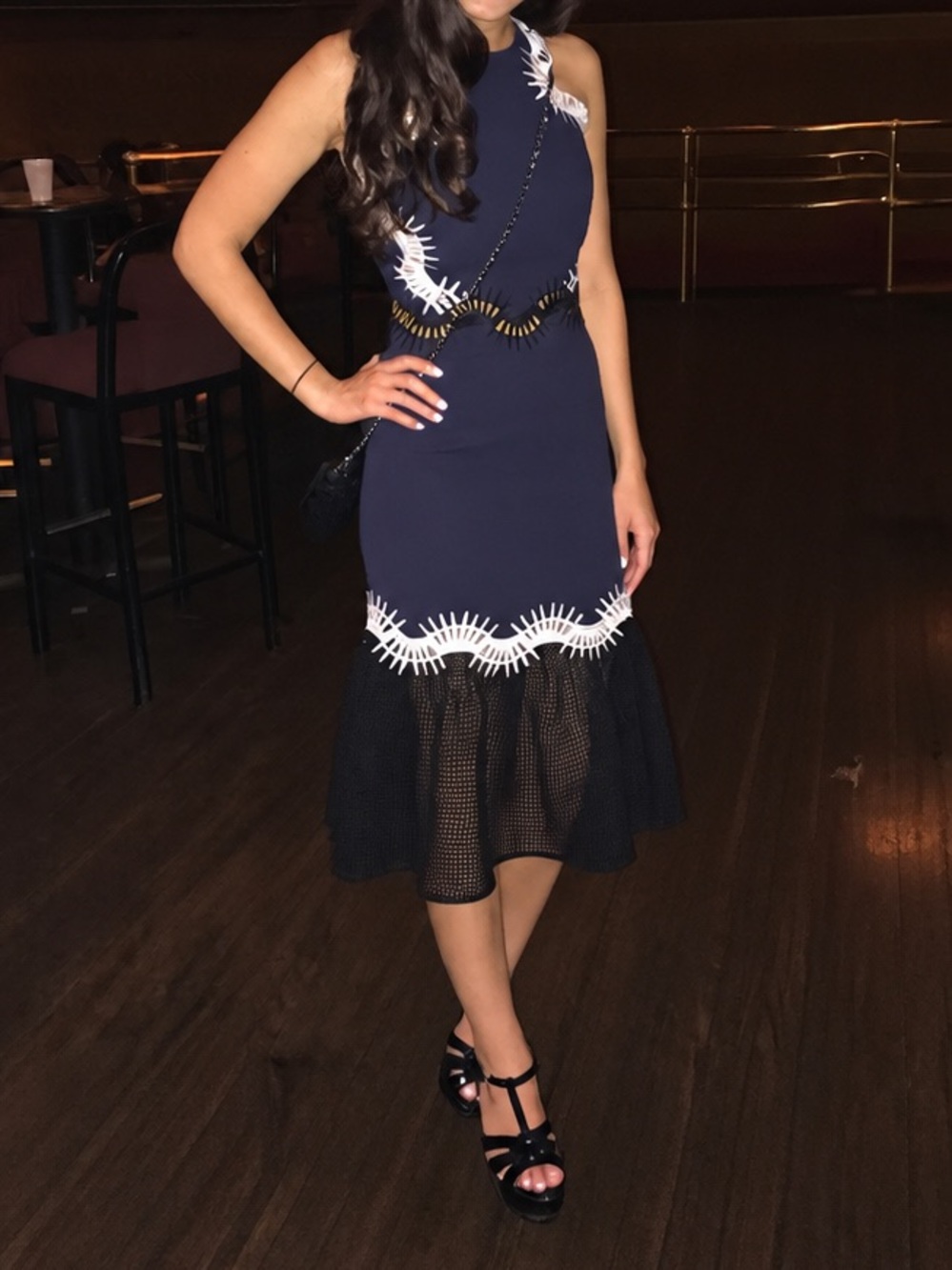 Jonathan Simkhai Embroidered Navy Mesh Cutout Midi Sleeveless Dress Size 0